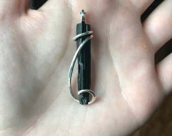 Black tourmaline crystal in sterling silver pendant