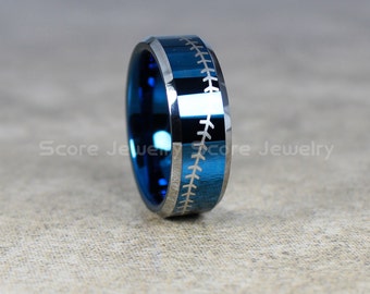 FREE SHIPPING FREE Custom Engraving 8mm Blue Tungsten Band with Beveled Edge Baseball Stitch Pattern Ring- 8mm Tungsten Wedding Ring