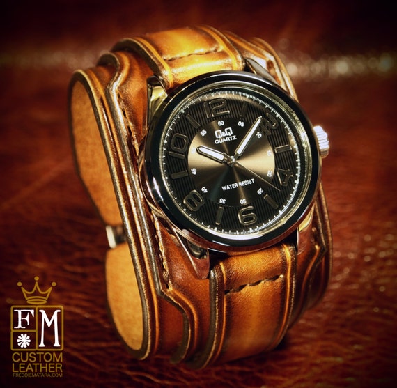 Leather cuff watch Brown Tobacco fade 2" wide layered Brown watch band cuff Bracelet Handmade for YOU in USA by Freddie Matara