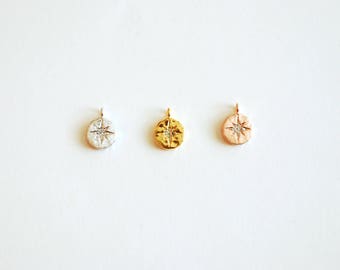 Starburst Disc Pendant- Vermeil Gold plated 925 Sterling Silver, Rose Gold, CZ North Star Charm, Textured Disc, Polaris Pendant, CZ Pave
