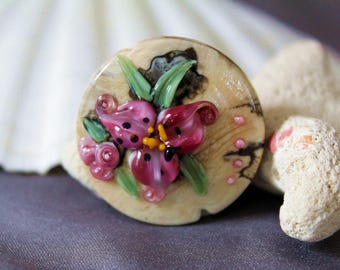 Elizabeth Creations FUSHIA LILLIES spree focal artisan lampwork bead - SRA