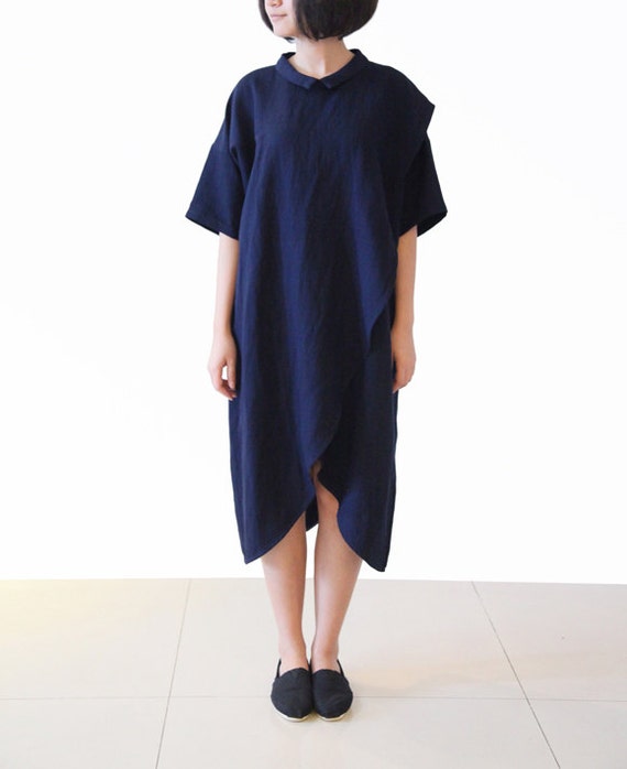 Sale Dark Blue Dress Cotton Linen Dress Long Dress Tunic