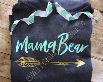 Mama Bear Hooded Sweatshirt Hoodie Charcoal Gray Mint and Gold