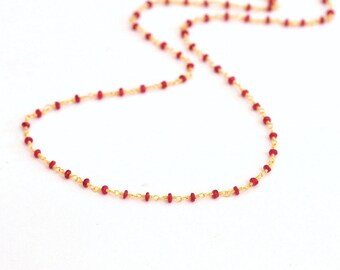 18K Gold. Natural Ruby Necklace, Tiny gemstone beaded necklace, July Birthstone, Ruby Gold Necklace
