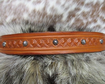 Leather Hatband, Handmade Leather Hatband, Hand Tooled Tan Cowboy Hatband with Antique Nickel Plated Etched Dome Spots and Lace Ties