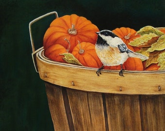 Chickadee with Pumpkins ~ Original Painting