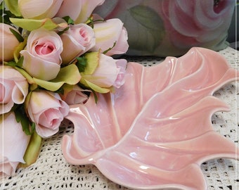 Vintage Pink Leaf Designer Dish, Marbleized Coloring, 1950's, Home Decor, Shabby Chic, Art Deco, Collectible, Display, Made In USA, ECS