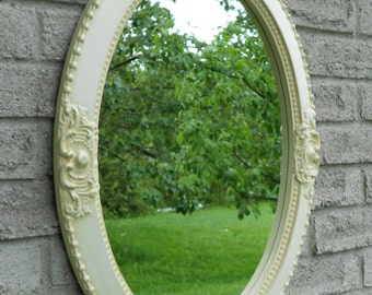 Antique white wall oval mirror. vanity mirror, nursery mirror, bathroom mirror, shabby chic