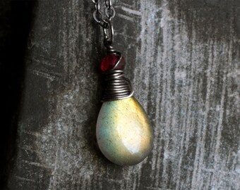 Labradorite Necklace, Labradorite Jewelry, Labradorite Pendant, Garnet, Oxidized Sterling Silver, Gold, Red, CircesHouse, "Berry"