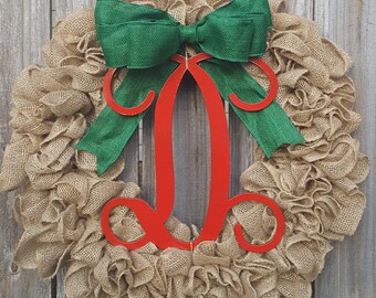 Christmas Wreath, Holiday Wreath, Winter Wreath, Christmas Monogram Wreath, Monogram Wreath, Initial Wreath, Front Door Wreath, Burlap