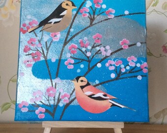Plum Blossom and Chaffinches: Acrylic on canvas