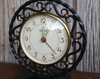 French Vintage Wrought Iron 1950s Mechanical Alarm Clock - Retro Metal Bayard Working Alarm Clock