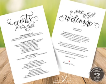 Wedding Welcome and Itinerary card, editable PDF template, Timeline card, Wedding weekend, welcome bag, welcome box, 5.5x8.5 inch (TED435_1)