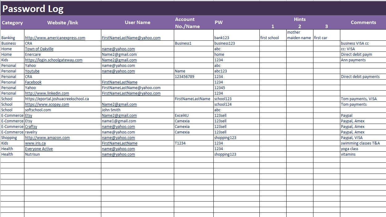 Workbooks password protect excel workbook : Password Log Excel and PDF Template Password Tracker