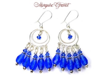 Silver Blue Sapphire chandelier earrings, Swarovski Crystal and Czech glass beads