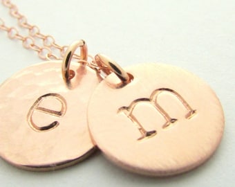 Rose Gold Initial Necklace | Letter Charms | Brushed Hammered Shiny | 14K Gold Filled
