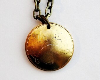 Domed Coin Necklace, Malta, 1998, Maltese Weasel Animal Pendant, 1 Cent, Repurposed Coin Jewelry by Hendywood