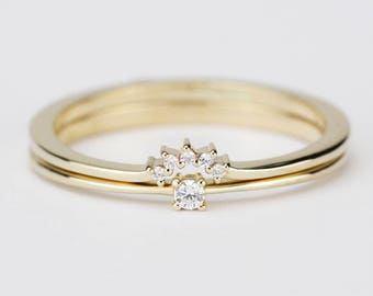 Diamond Engagement Ring, wedding band curved, Solitaire Diamond Ring, Wedding Ring Set, Diamond Ring, White Diamond Wedding Ring
