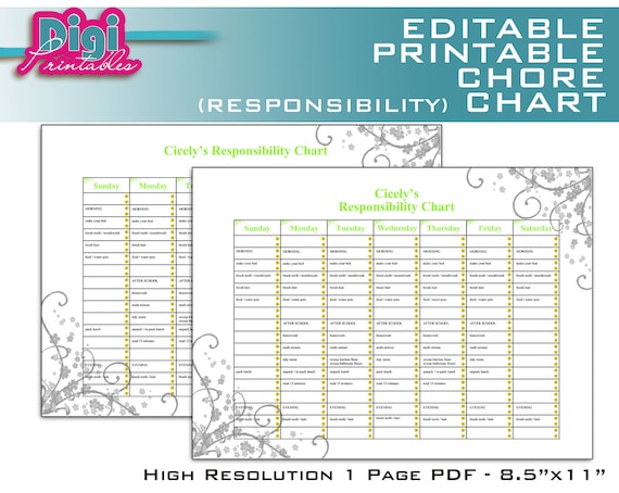 Editable / Printable Chore Chart Responsibility Chart Editable / Printable Chore Chart Responsibility Chart