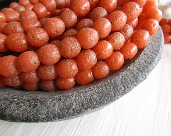 Round orange lampwork glass beads, rustic opaque matte gritty textured aged look indonesian 8 to 10mm (12 bead)7ab12-3