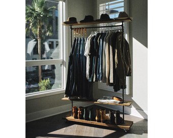 48" Industrial Garment Clothing Rack with Top and Bottom Rustic Shelves, Clothing and shoe storage. Loft shoe and coat storage, Coat Grab