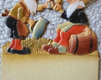 Vintage German Die Cut Embossed Calendar Topper Gnomes Elves Drinking