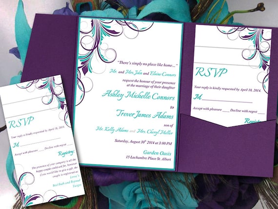 Peacock Pocketfold Wedding Invitation Template Set Teal