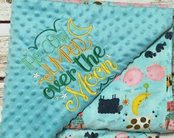 Personalized Baby Blanket, Baby Blanket, Burp Cloth, cow over moon, embroidered, nursery rhyme, Baby Girl, baby boy, Blanket, Baby Shower
