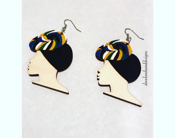 Wooden Earrings - Multi-Color Head Wrap Queen