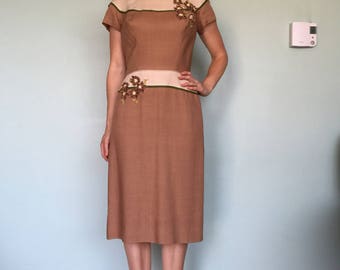 1950s Peggy Hunt linen dress with flower appliqué small 26" waist
