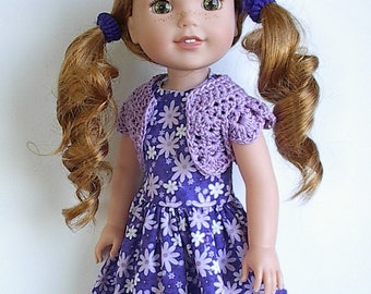 14.5" Doll Clothes Sleeveless Cotton Dress and Crocheted Bolero Shrug Handmade to fit Wellie Wishers Dolls - Purple with Lavender Flowers