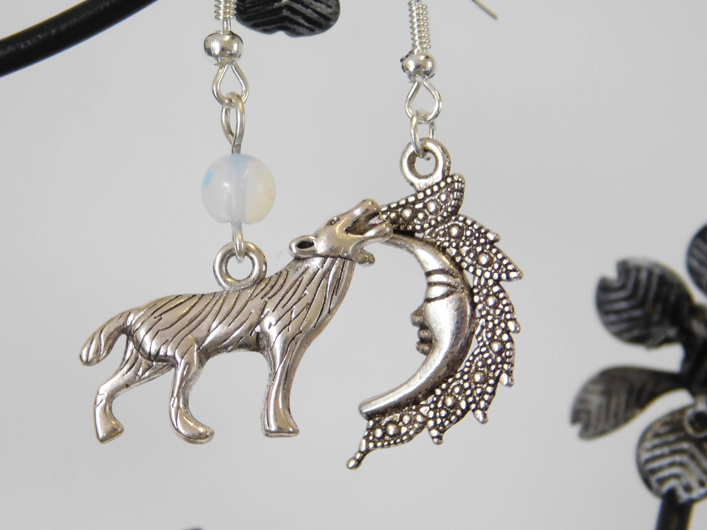 Moonstone Wolf Howling at Moon Earrings