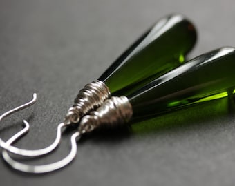 Olive Green Earrings. Long Earrings. Bottle Green Earrings. Long Teardrop Earrings. Green Glass Earrings. Wire Wrapped Earrings.