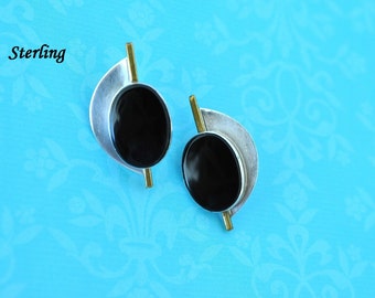 Signed AJV Modernist Sterling Silver Black Onyx Earrings, Clip On Earrings, Black Earrings, Sterling Earrings, Silver Earrings DB3