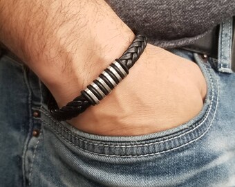Men Leather Bracelet, Men's Leather Bracelet, Black Leather Bracelet, Men Bracelet, Bracelet for Men, Braided Bracelet Gift for Him