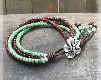 Boho Wrap Bracelet/ Seed Bead Bracelet/ Beaded Leather Wrap/ Bohemian Bracelet/ Wrap Bracelet/ Leather Bracelet/ Beaded Bracelet.