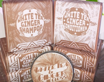 White Tea & Ginger Restorative Hair Care Bundle; Big Shampoo Bar, Conditioner Bar and Hair Gloss