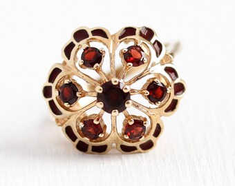 Garnet Cluster Ring - Vintage 10k Rosy Yellow Gold Red Enamel Gem Statement - 1970s Size 5 3/4 Halo January Birthstone JJ White Fine Jewelry