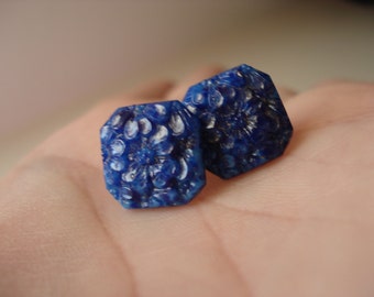 Vintage Carved Lapis Lazuli Glass Gold Pierced Earrings Floral Hip to be Square