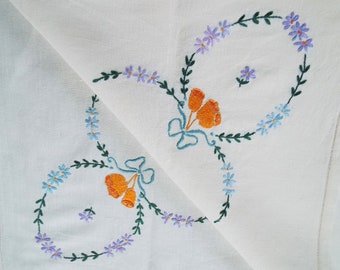 Vintage Square Tablecloth. Hand Embroidered Cream Linen Tablecloth With Wedding Bells And Daisies. Ideal For A Vintage Wedding Or Tea Party