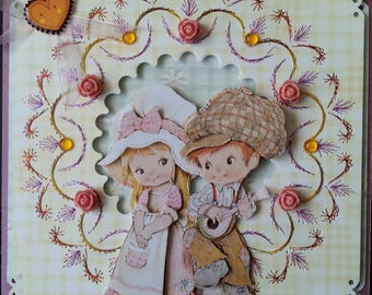 card, 3d picture young couple country child