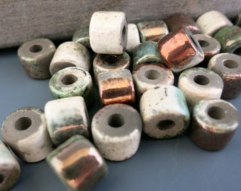 4 Mykonos Harlequin Raku Tube Beads, 8x7mm Ceramic Bead with Copper Oxide finish, Made in Greece, MRS6