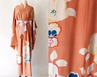 Vintage Floral 30s Silk Peach Floral Kimono - Salmon Robe