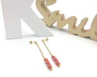 Pink TUBE earrings and gold, hand weaving