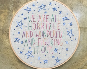 horrible and wonderful - hand drawn and embroidered Harris Wittels wall hanging