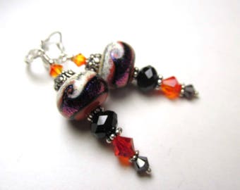 Orange, Black and Purple Lampwork Glass and Crystal Earrings on Sterling Silver
