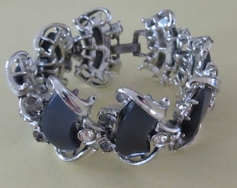 Vintage Coro Charcoal Grey Thermoset and Rhinestone Silver Tone Bracelet