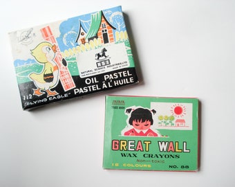 Vintage drawing supplies - wax crayons and oil pastels - great vintage packaging