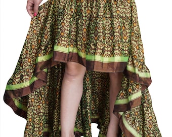 Green Gypsy Hi Low Skirt Printed Recycled Silk Sari Flare Tiered Ruffle Flirty Summer Comfy Skirts