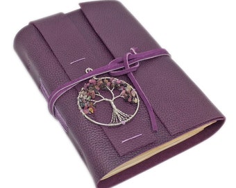 Leather Journal with Tea Stained Paper, Purple Leather, Tree of Life, Wedding, Prayer Journal, Wedding Guestbook, Leather Goods